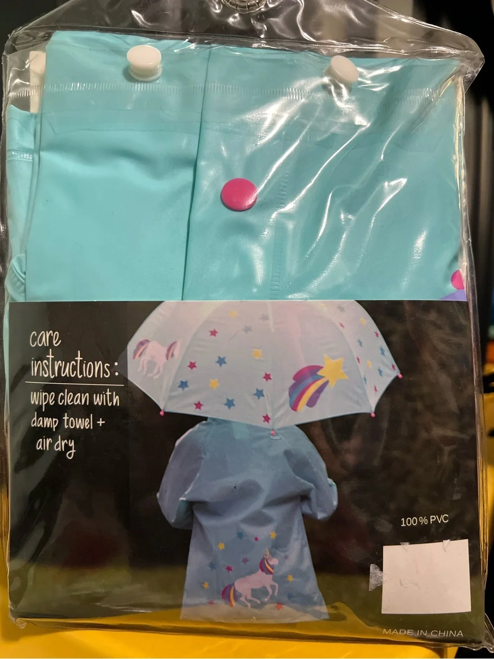 Milly of New York Light Blue Kids Hooded Rain Jacket w Pink Pockets, Unicorns, M